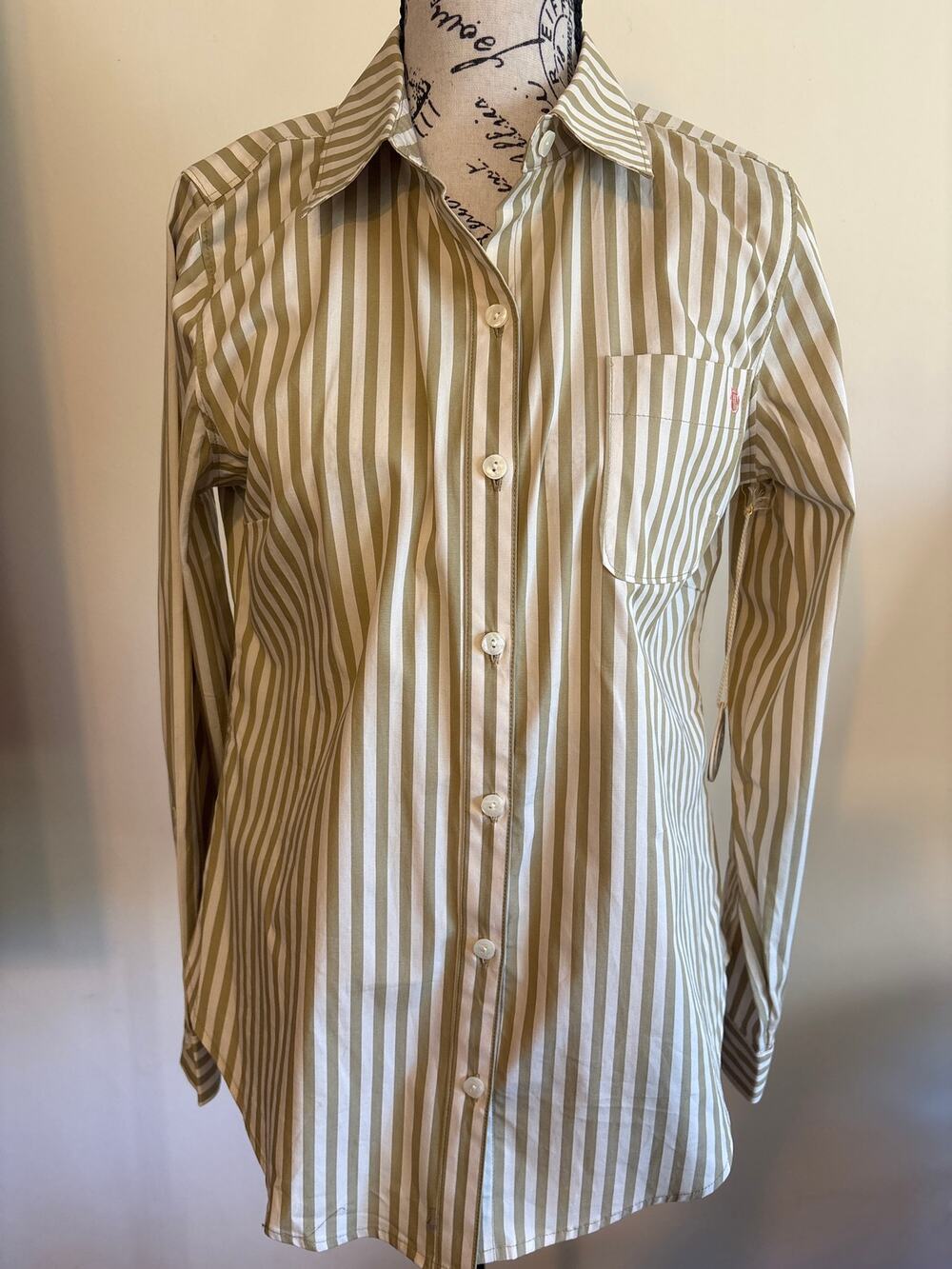 Spartina Khaki Pinstripe Front Button Collared Shirt Sz Small NWT